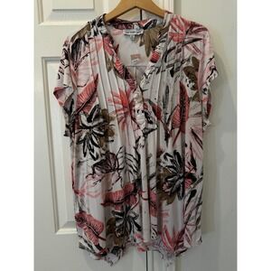 Southern Lady Womens XL Tropical Floral Pintuck Blouse Short Sleeve Top 492D